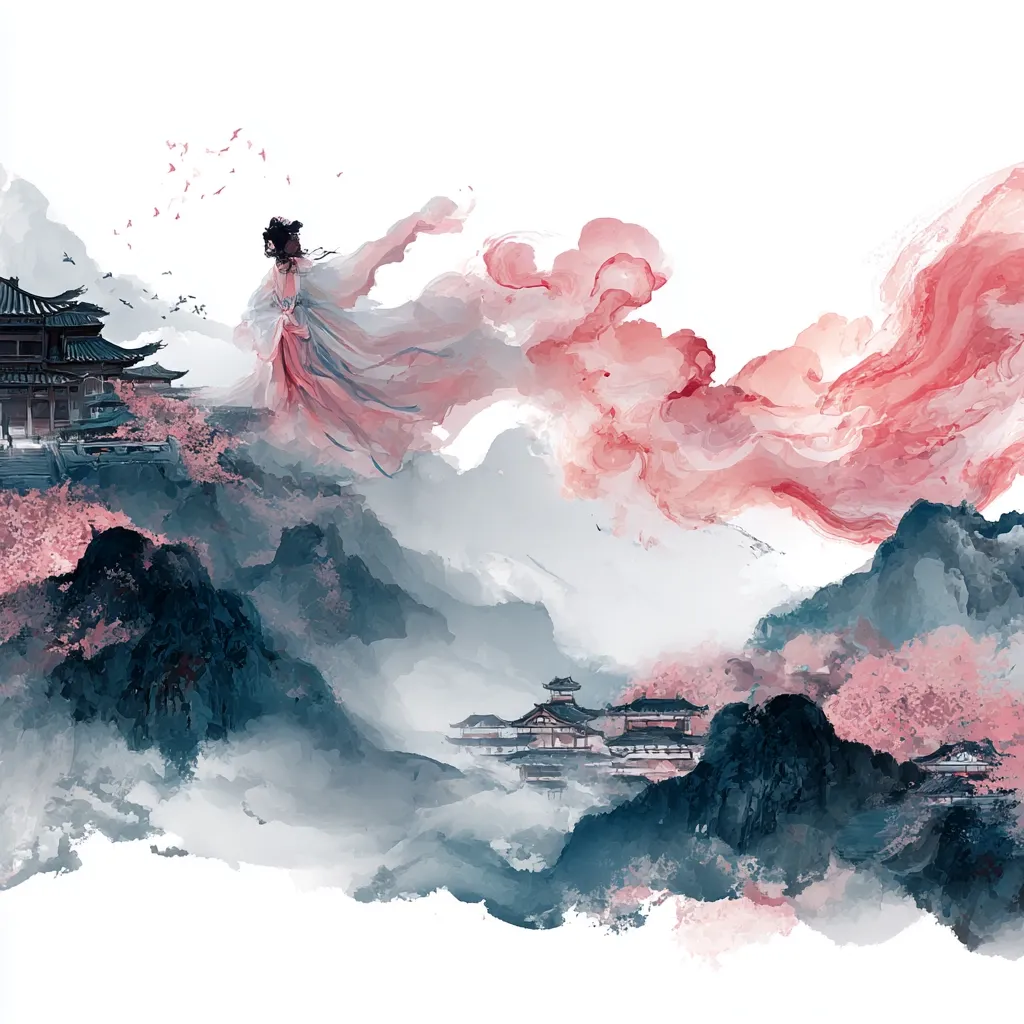A digital painting in the style of East Asian art depicts a woman in flowing robes standing on a misty mountaintop, amidst cherry blossoms.  Her garment blends with ethereal pink clouds that drift across the landscape.  Ancient-style buildings are nestled in the mountains below, enveloped in a soft, dreamlike atmosphere.  The overall effect is serene and romantic, suggestive of a fantasy or mythical scene.
