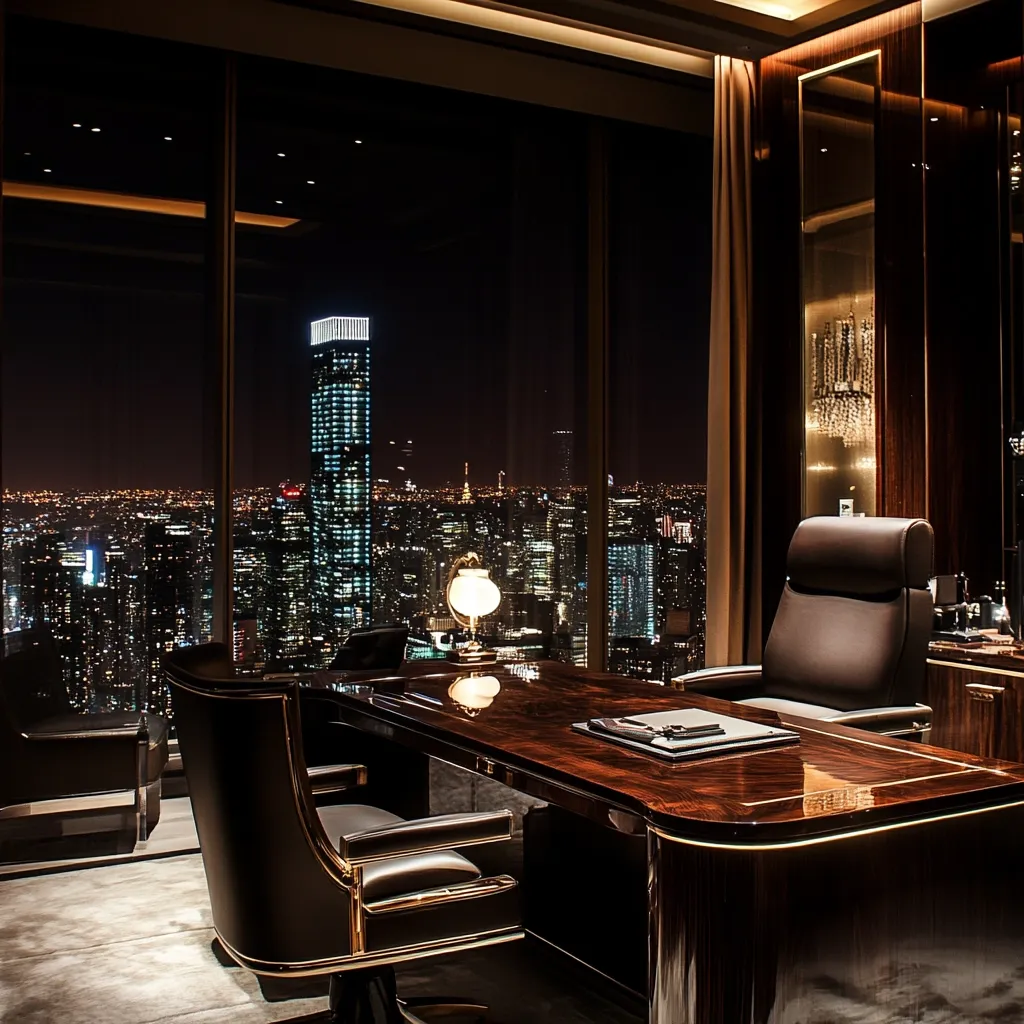 A luxurious, dark wood executive office boasts stunning nighttime city views from floor-to-ceiling windows.  Rich leather chairs surround a large, polished desk, illuminated by a subtle desk lamp.  The room is elegantly appointed with dark wood paneling and plush curtains, creating a sophisticated and powerful atmosphere.  City lights twinkle below, offering a breathtaking backdrop to this opulent workspace.