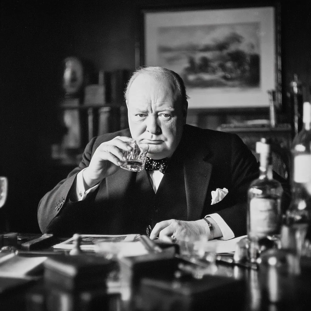 A black and white portrait of Winston Churchill, seated at a desk, thoughtfully raises a glass of whiskey to his lips.  He is dressed in a dark suit and bow tie, his expression serious.  Bottles of liquor are visible on the desk, partially obscuring the foreground.  The background features a painting and a dimly lit room.  The image conveys a sense of contemplation and gravitas.