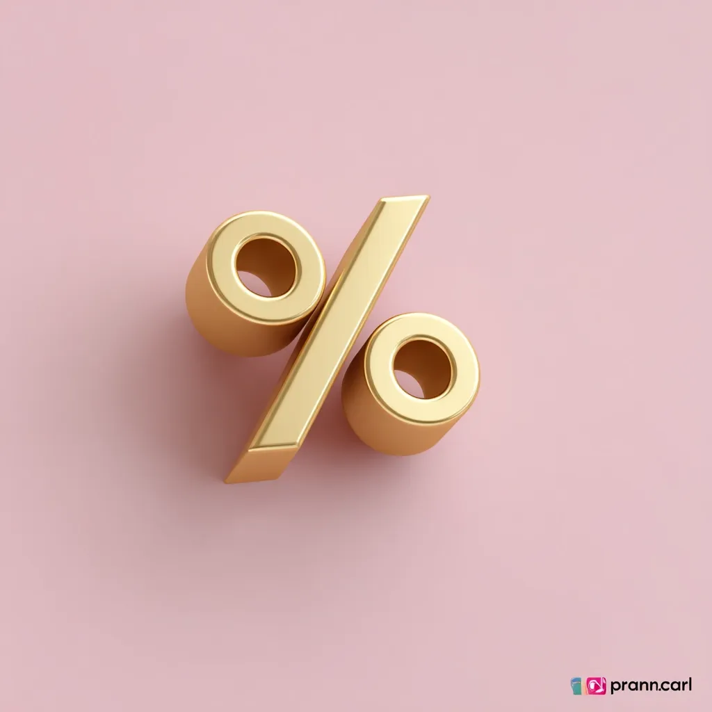 A gold percentage symbol is displayed against a pale pink background.  The symbol is three-dimensional, with a thick, slightly beveled design. The circles of the symbol are cylindrical, giving it a modern and luxurious appearance.  The overall image is clean and minimalist, suitable for marketing materials or presentations related to discounts or sales.