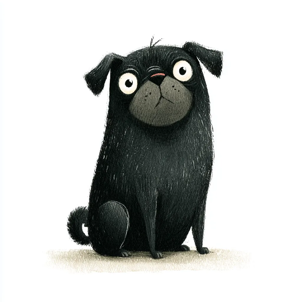 A charming illustration depicts a black pug seated against a white backdrop.  The pug's large, expressive eyes and slightly surprised expression add to its endearing character.  Rendered in a textured, almost painterly style, the dog's dark fur is meticulously detailed, giving it a soft, plush appearance.  The overall style is whimsical and appealing.