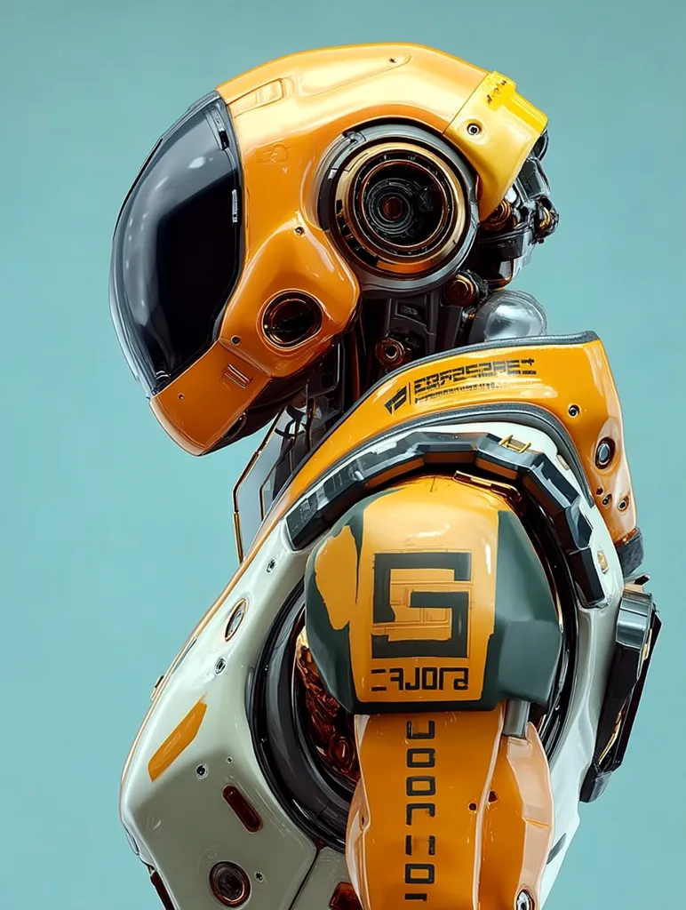 A close-up profile view of a futuristic robot.  Its predominantly orange and white exoskeleton features a sleek, helmet-like head with a dark visor.  Gold accents highlight mechanical details, and dark green sections on the arm display stylized lettering. The robot's design is polished and suggests advanced technology.  The background is a muted teal.