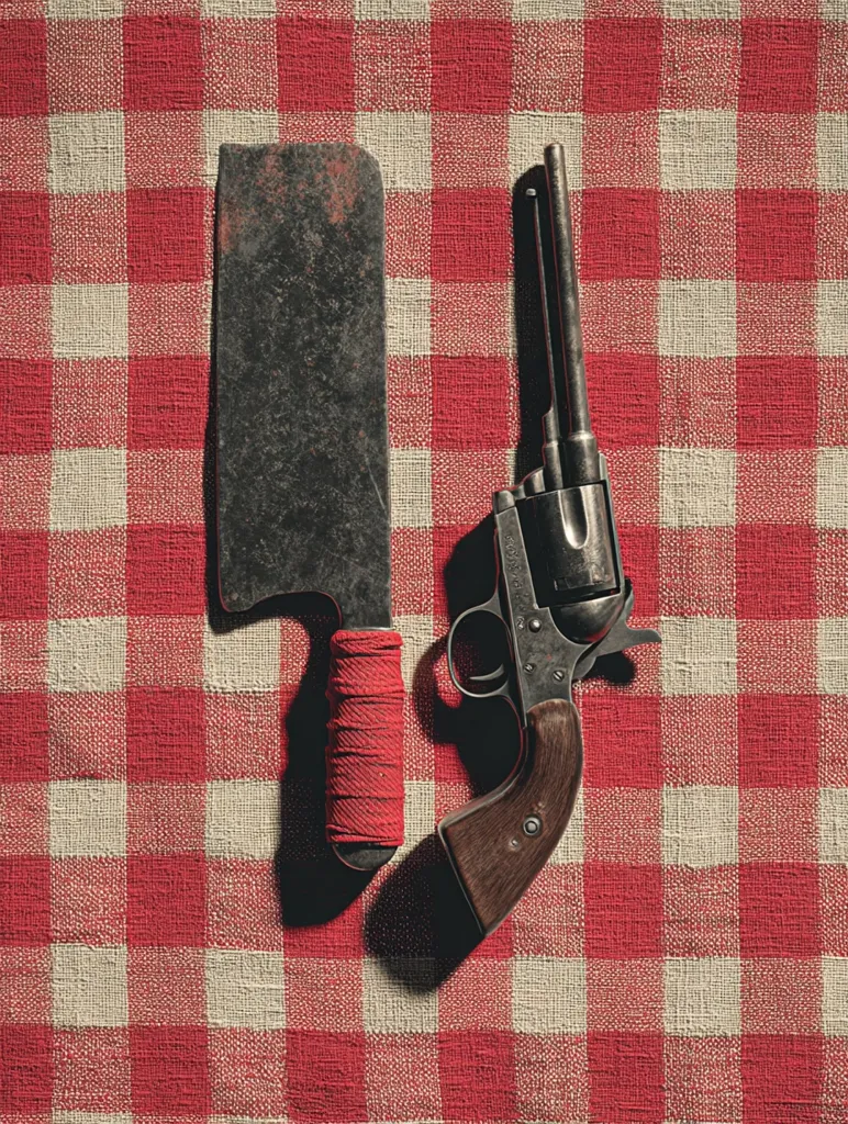 A rusty meat cleaver and an antique revolver lie side-by-side on a red and white gingham tablecloth.  The weapons are positioned vertically, their handles pointing downwards.  The scene evokes a feeling of the Wild West, perhaps suggesting violence or a showdown.  The contrast between the rustic setting and the weaponry is striking.