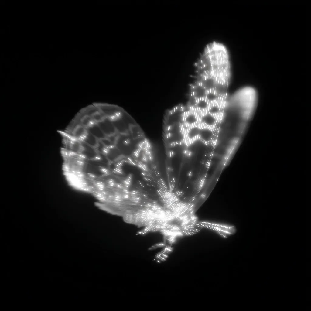 A grayscale image showcases a moth in flight against a stark black backdrop.  Its wings are intricately detailed, appearing almost luminous with tiny, sparkling lights. The moth's body is clearly visible, and its legs are extended. The overall effect is ethereal and otherworldly, like a digital rendering of a nocturnal insect.