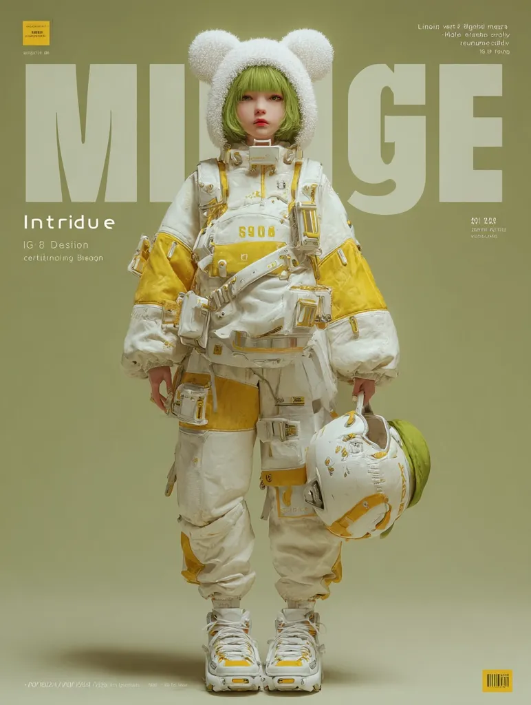 A stylized female figure in a white and yellow futuristic spacesuit is depicted.  She wears a white fluffy hat, and holds a weathered helmet.  The background is a muted green, and large lettering for "MIGE" frames the subject.  The image suggests a magazine cover, with design credits and issue information included. The overall aesthetic is one of clean lines and muted colors, with a hint of wear and tear on the equipment adding visual interest.