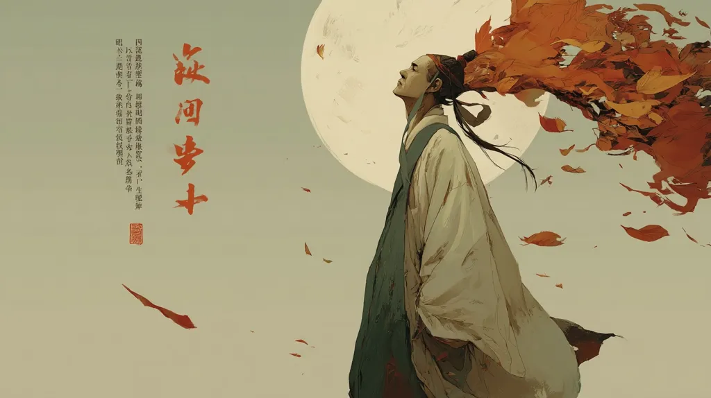 A stylized illustration depicts a person in flowing robes, gazing upward.  Their long hair streams behind them, transformed into a flurry of autumnal leaves against a backdrop of a large, pale moon and a muted, earthy sky. The figure's posture suggests contemplation or longing, adding to the serene and melancholic mood of the artwork.  Vertical Chinese characters are visible, adding to the artistic and cultural context.