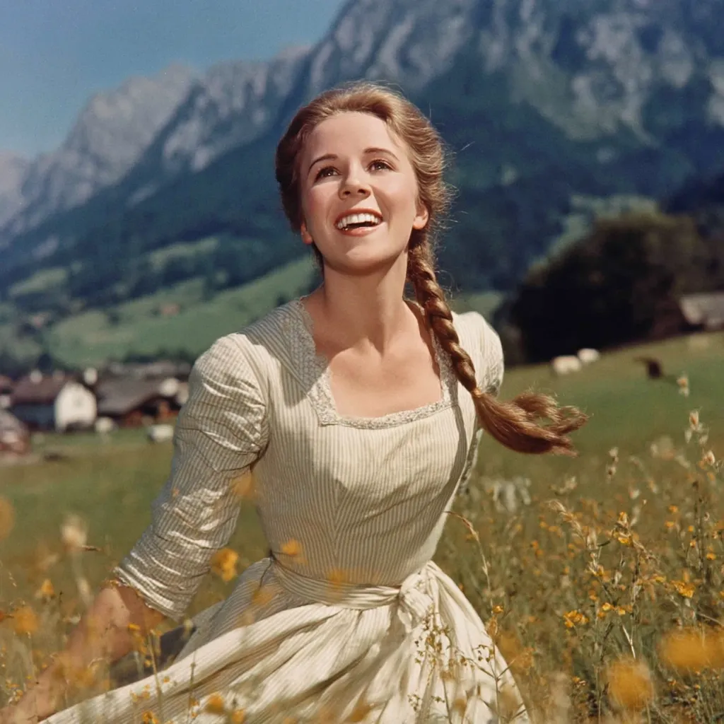 Julie Andrews, in a light-colored striped dress, stands in a field of wildflowers.  Her blonde braid flows behind her as she looks up, a joyful expression on her face.  A picturesque village and majestic mountains form a stunning backdrop. The image evokes a sense of carefree happiness and the idyllic beauty of nature.