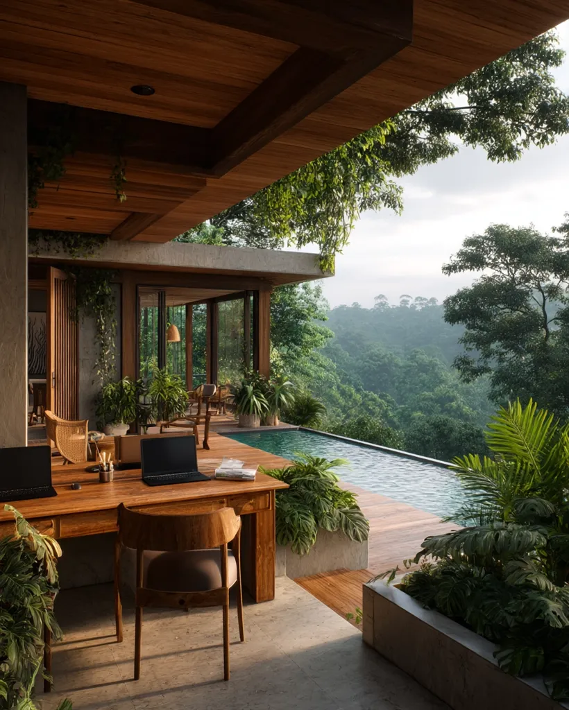A modern home office boasts stunning views of a lush jungle valley.  A wooden desk with two laptops sits on a patio overlooking an infinity pool.  The architecture seamlessly blends indoor and outdoor spaces, with abundant greenery and natural wood finishes.  The tranquil setting offers a serene and inspiring workspace.