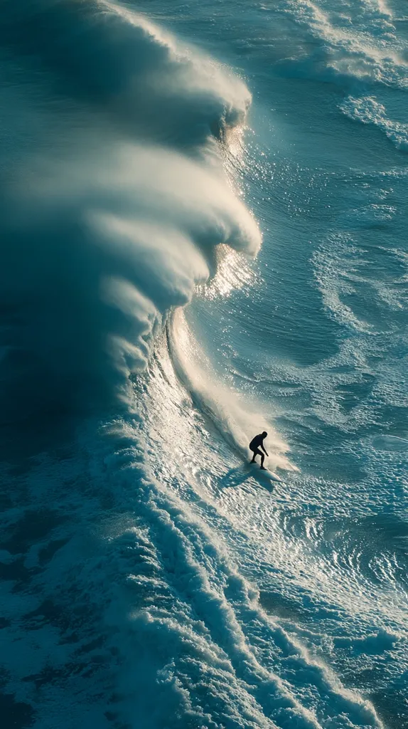 An aerial view captures a surfer riding a massive, powerful wave.  The wave's face is illuminated by sunlight, creating a brilliant contrast against the deep teal ocean.  White water explodes from the wave's crest as the surfer, a small silhouette against the vastness of the ocean, navigates the powerful swell. The scene evokes a sense of both danger and exhilaration.