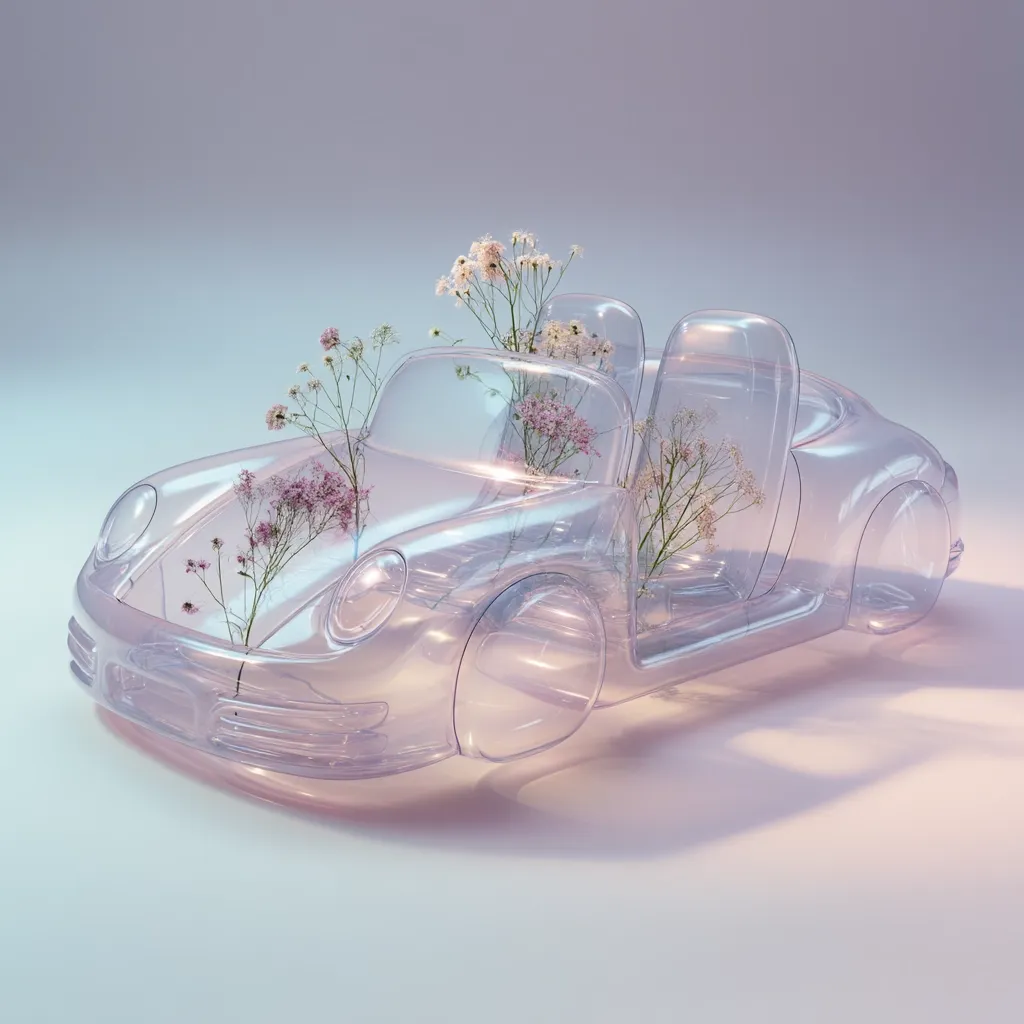 A translucent, glass-like car model sits on a light-colored surface.  Delicate sprigs of pale pink and white flowers are artfully arranged inside the car, appearing to grow from within.  The scene is softly lit, creating a dreamy, ethereal atmosphere.  The car's form is sleek and resembles a classic sports car design. The overall aesthetic is minimalist and elegant.