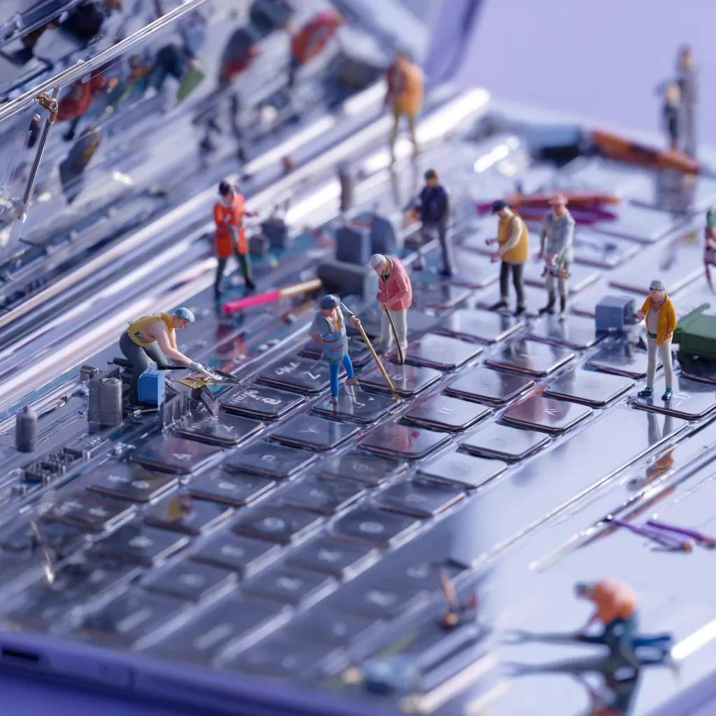 Miniature figures meticulously clean and maintain a transparent laptop keyboard.  Workers, equipped with brushes and cleaning tools, are positioned across the keys and internal components, suggesting a detailed and thorough cleaning process. The image uses a macro perspective, emphasizing the scale of the figures relative to the technology. The scene is brightly lit, showcasing the intricate details of both the figures and the laptop's interior.