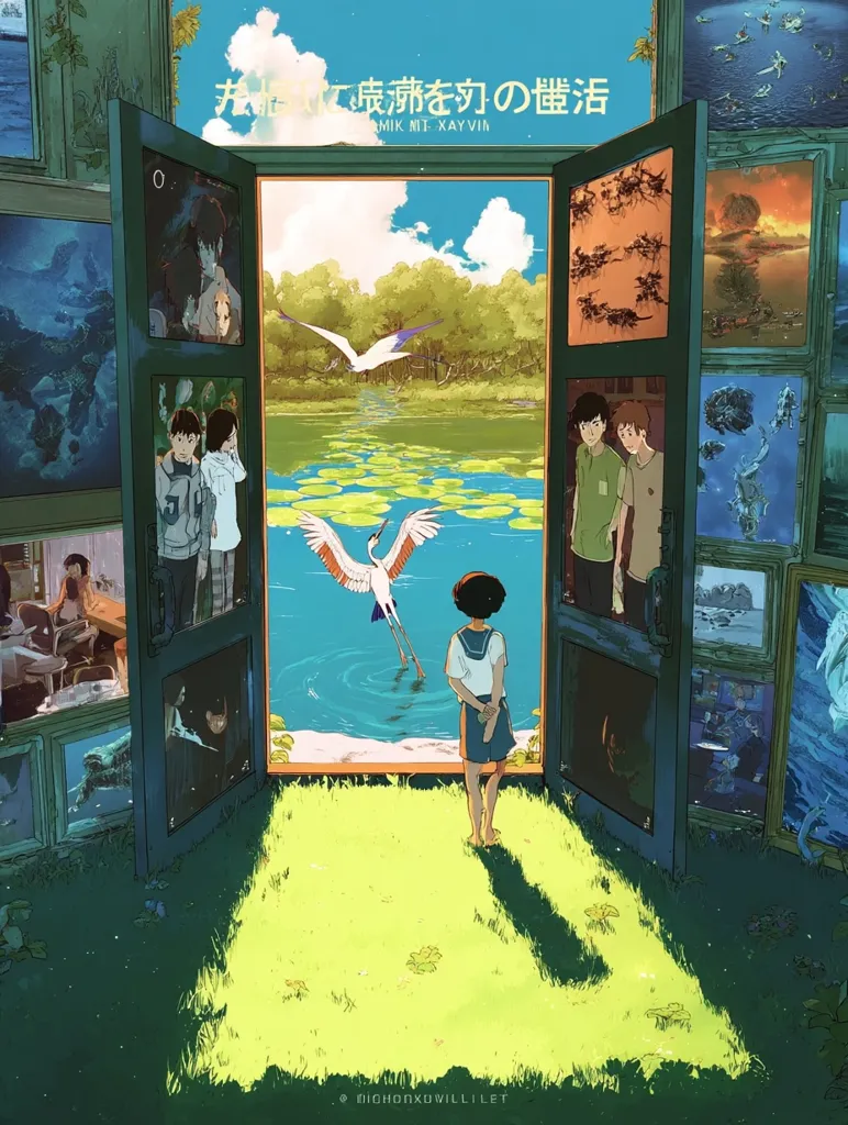 A girl stands before an open doorway, gazing at a serene landscape of a lake and flying crane.  Surrounding her are numerous framed pictures depicting various scenes, suggesting memories or different worlds.  The artwork has a dreamy, nostalgic quality, with soft colors and a whimsical style reminiscent of Studio Ghibli films.  Two figures are partially visible in one of the frames. The title, written in Japanese, hints at a story of lost memories or dreams.