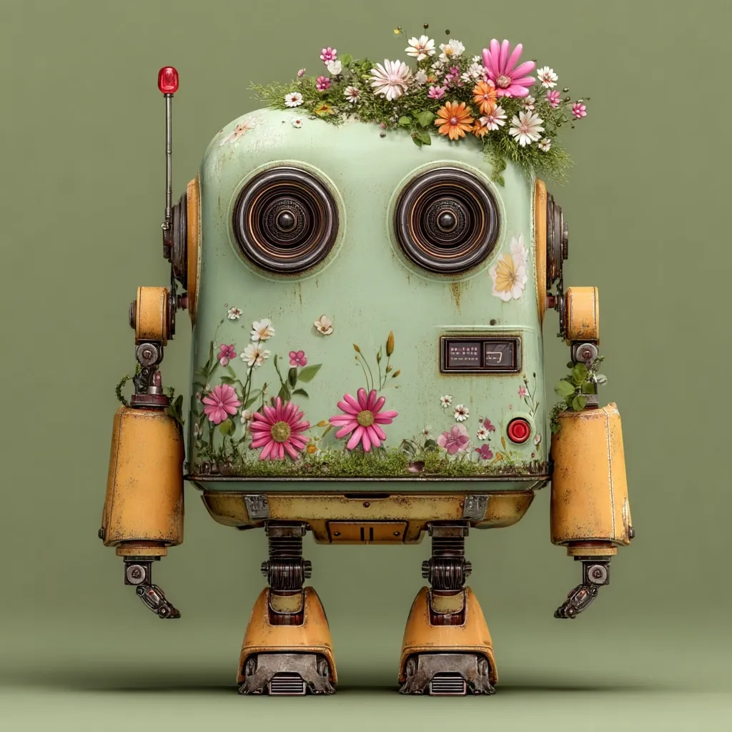 A charming, vintage-style robot is adorned with an array of colorful flowers and greenery. Its pale green body, showing signs of age and wear, is beautifully decorated with blossoms, creating a whimsical contrast between technology and nature. The robot's yellow-toned arms and legs add to its retro aesthetic, making it a captivating blend of mechanical precision and organic beauty.  A small antenna sits atop its head, completing the endearing robotic form.