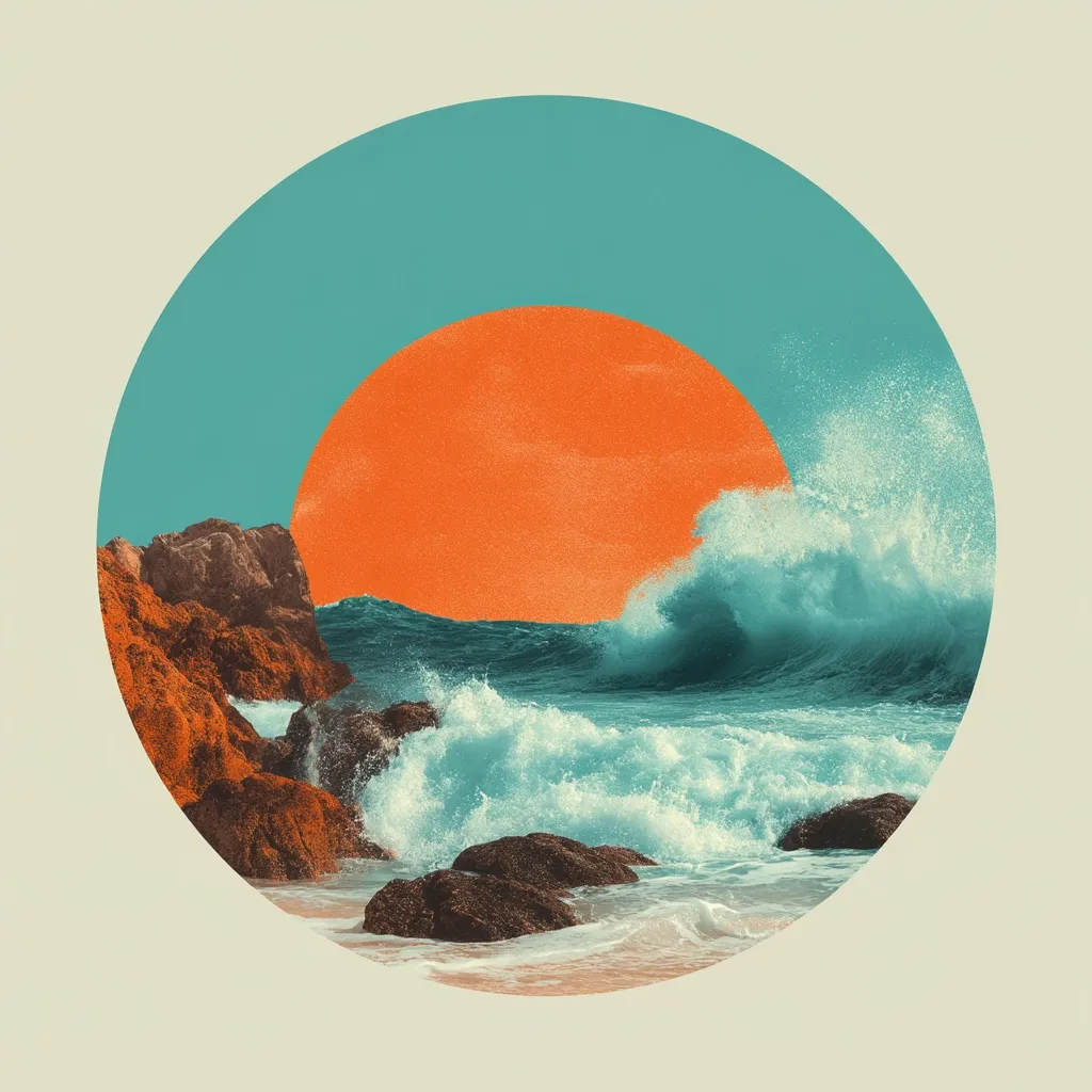 A circular collage depicts a vibrant ocean scene.  A large, stylized orange sun dominates the upper half, partially obscured by crashing turquoise waves that break against dark, rocky shores.  The color palette is muted yet striking, creating a serene yet powerful mood. The overall effect is a modern, artistic interpretation of a coastal landscape.