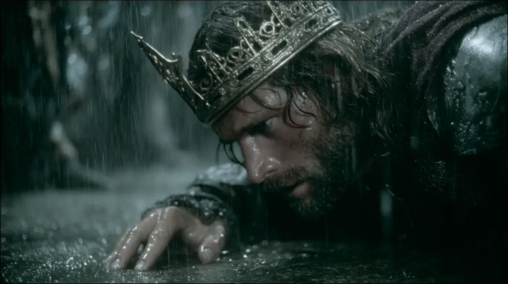 A rain-soaked king, crowned in gold, crawls on the ground.  His face is etched with weariness and despair, his beard and hair plastered to his face by the downpour. The scene is dark and moody, emphasizing the king's vulnerable state.  He appears defeated, his regal attire contrasting with his humbled position.  The background is blurred, focusing attention on the king's plight.