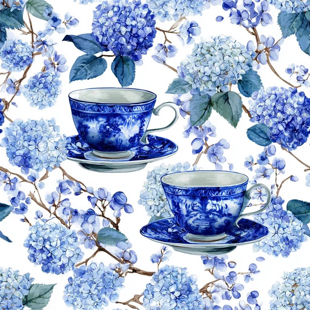 A watercolor seamless pattern features two delicate blue and white teacups and saucers, adorned with intricate floral designs.  Surrounding the teacups are lush clusters of blue hydrangeas and blossoming branches, creating a vibrant and elegant floral arrangement against a crisp white background. The style evokes a sense of classic beauty and tranquility.