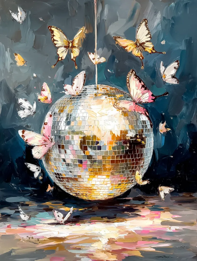 A vibrant oil painting depicts a disco ball suspended mid-air, surrounded by a flurry of colorful butterflies.  The butterflies, in shades of pink, yellow, and white, appear to dance and flutter around the reflective sphere. The background is a dark, moody teal, contrasting with the bright, glittering disco ball and the pastel hues of the butterflies. The overall style is expressive and painterly, with visible brushstrokes adding texture and movement to the scene.