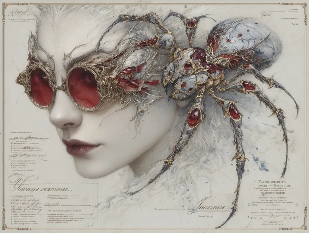 A woman's face is partially visible, her profile adorned with elaborate, steampunk-inspired glasses featuring a large, ornate spider design. The spider is intricately detailed, with metallic gray and gold accents and ruby-red gems. The artwork's style is surreal and fantastical, blending elements of gothic and art nouveau aesthetics. The background features handwritten text in a foreign language, adding to the piece's mysterious and artistic atmosphere.