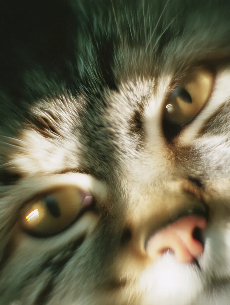 Close-up view of a cat's face, highlighting its fur texture and eye color.  The cat's eyes are a warm amber, and its fur is a mix of light and dark brown, appearing soft and fluffy.  The focus is sharpest on the eyes and nose, creating a gentle, intimate feel. The lighting suggests sunlight illuminating the cat's face.