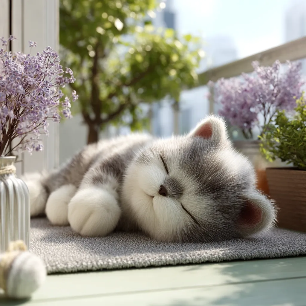 A grey and white kitten peacefully sleeps on a grey mat outdoors.  Sunlight gently illuminates the scene.  Purple flowers and greenery are visible in the background, creating a serene and calming ambiance. The kitten's face is soft and fluffy, its eyes closed in slumber.  The overall impression is one of tranquility and cuteness.