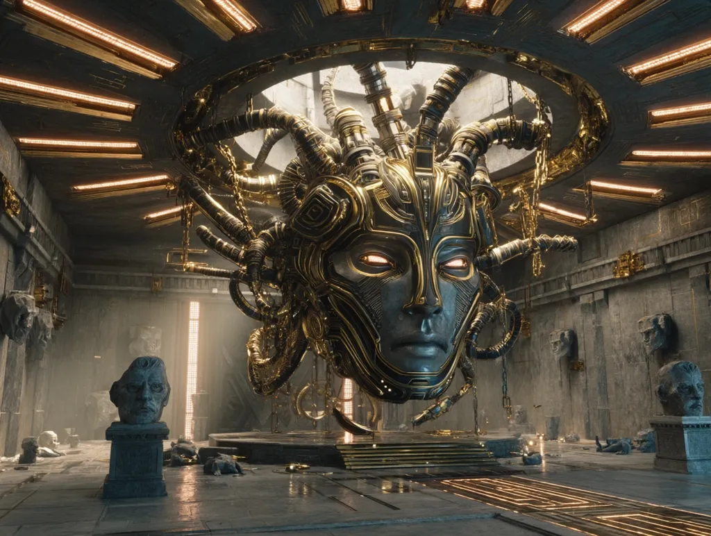 A colossal, metallic Medusa head, adorned with intricate gold and black detailing and numerous mechanical appendages, hangs centrally within a dimly lit, ancient-looking chamber.  The room features classical architecture, stone busts lining the walls, and a polished floor reflecting the golden light emanating from the ceiling's illuminated panels. The scene evokes a blend of futuristic technology and classical mythology.