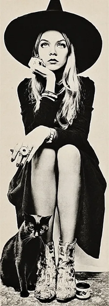 A monochrome image portrays a woman with long, flowing hair, adorned in a witch's hat and dark attire.  She sits with her legs crossed, hands delicately placed, wearing ornate boots. A black cat sits beside her, adding to the mystical, bohemian aesthetic. The overall style is reminiscent of vintage photography, with a focus on contrast and shadow.