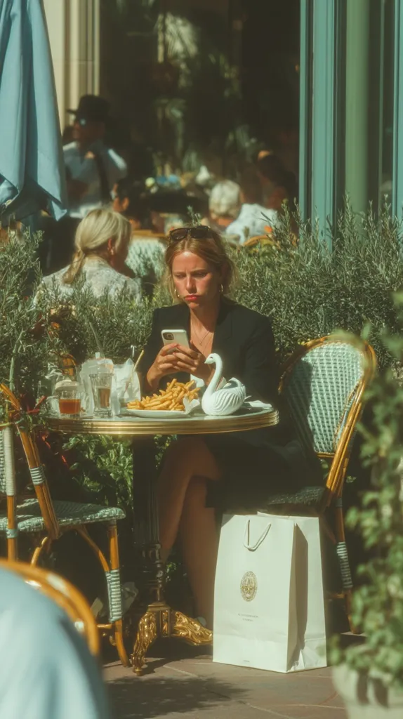 A young woman sits at an outdoor cafe table, engrossed in her phone.  Sunlight streams onto her as she enjoys a plate of french fries.  She's dressed in a black blazer and sits in a wicker chair. A swan-shaped dish holds her fries, and a shopping bag rests beside her. The cafe setting is stylish, with lush greenery surrounding the tables.  Other patrons are subtly visible in the background.
