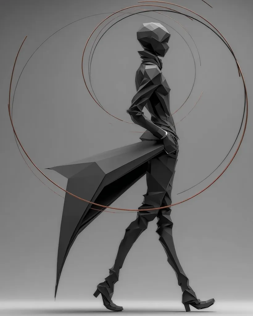 A low-poly, stylized figure in a dark, angular suit walks against a grey backdrop.  The figure's design is sharp and geometric, with a long, flowing train.  Delicate, swirling copper-toned lines frame the figure, creating a sense of movement and elegance. The overall aesthetic is sleek and modern, with a hint of futuristic flair.