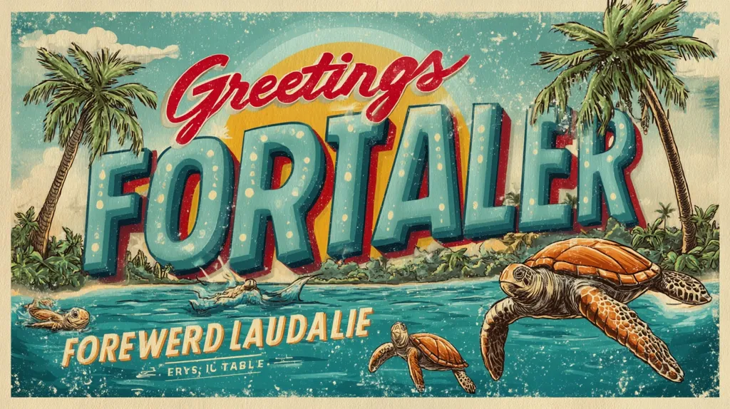 A vintage-style postcard depicts "Greetings Fortaleza," with bold lettering against a tropical beach scene. Palm trees sway, and sea turtles gracefully swim in turquoise waters.  The phrase "Foreword laudalie" appears below the main text, adding a unique touch to this nostalgic design reminiscent of vintage travel souvenirs.  A sunlit sky completes the idyllic imagery.