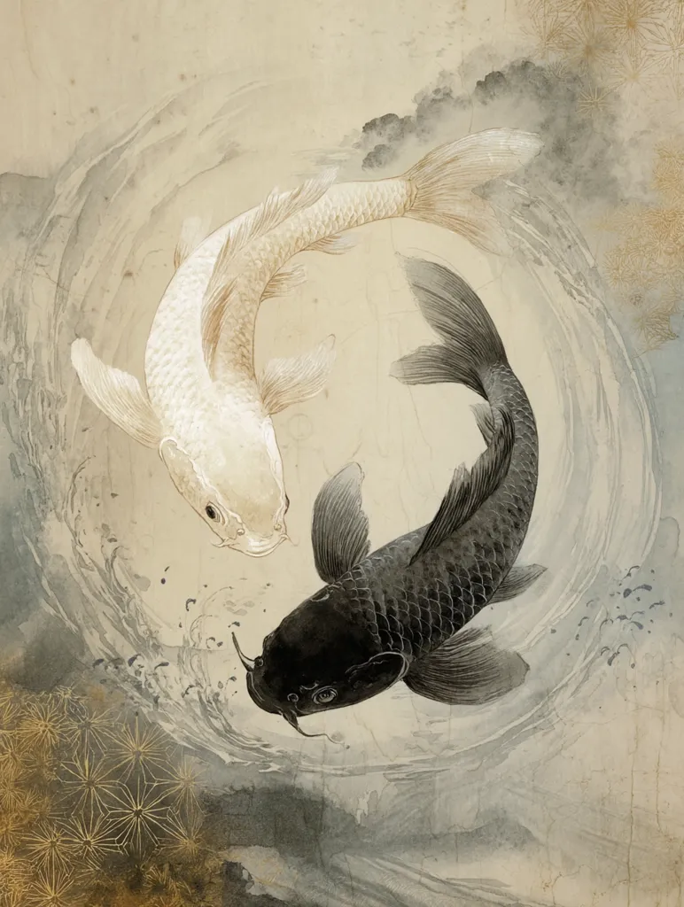 A stylized artwork depicts two koi fish swimming in a circular motion against a muted beige background. One fish is white, the other black, symbolizing the yin and yang concept.  The water is suggested through subtle brushstrokes, creating a sense of movement and fluidity.  Gold accents add a touch of elegance to the piece, which evokes a serene and traditional Japanese aesthetic.
