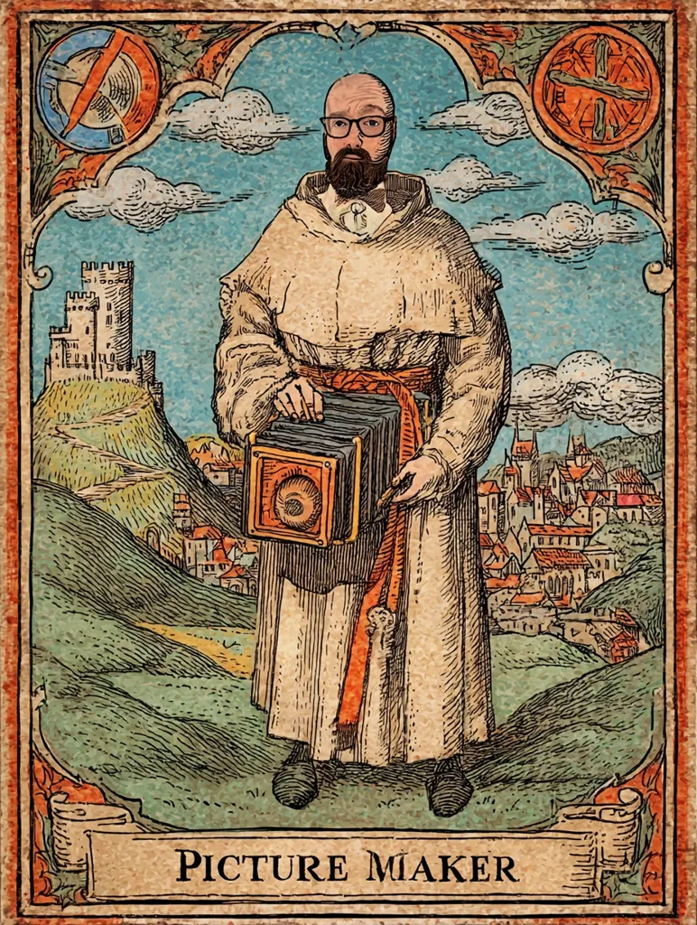 A stylized woodcut depicts a balding, bearded man in a monk's robe, holding a large, antique camera.  He stands before a medieval-style town and castle nestled in a verdant landscape.  The image is framed with ornate detailing and bears the title "PICTURE MIAKER" at the bottom, suggesting a playful anachronism.  The style mimics old prints or playing cards.