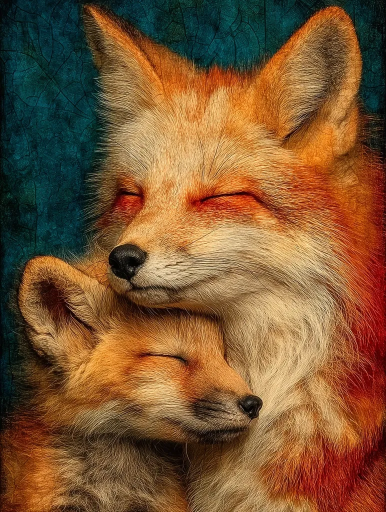 A heartwarming image depicts an adult red fox gently cradling a fox kit.  Both foxes have their eyes closed, appearing peaceful and asleep. The rich, textured fur of the foxes is highlighted against a dark teal background. The overall mood is one of tenderness and familial love. The image has an artistic, almost painterly quality.