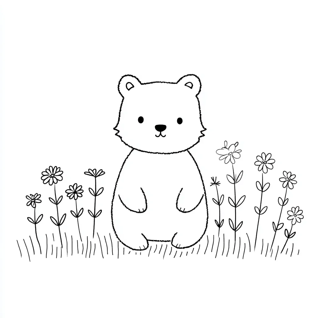 A simple line drawing of a cute cartoon bear sitting in a field of flowers.  The bear is depicted in a childlike style with rounded features and small paws.  Several stylized flowers with stems are arranged behind the bear, adding to the idyllic scene. The style is minimalist and perfect for coloring.