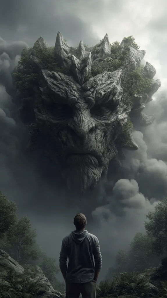 A lone figure stands before a colossal, ominous rock formation resembling a monstrous face.  The formation is partially covered in vegetation, perched high above a misty, dark landscape.  The overall mood is dark and foreboding, creating a sense of awe and unease. The man appears small and insignificant compared to the massive, imposing rock face.  The sky is dark and stormy, adding to the dramatic atmosphere.