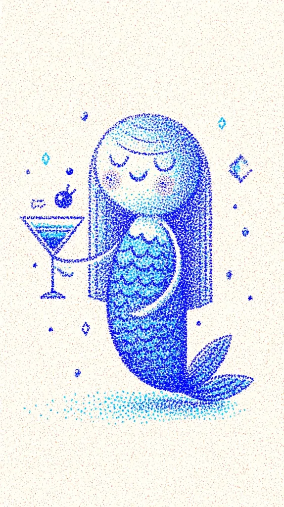 A charming illustration depicts a mermaid, rendered in a pointillist style using blue and teal dots.  The mermaid has long hair, closed eyes, and a serene expression. She holds a martini glass with a cherry, suggesting a relaxed and sophisticated atmosphere.  The background is a light beige with scattered dots, enhancing the overall whimsical and playful tone.