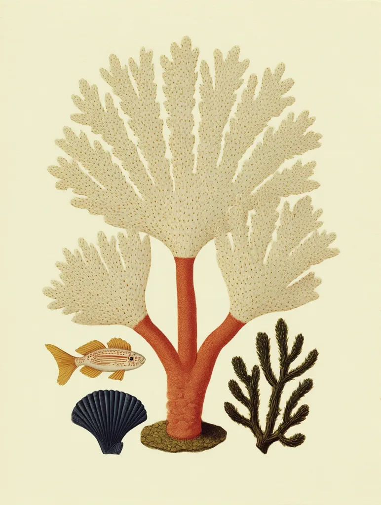 A vintage botanical illustration depicts a vibrant coral reef scene.  A large, pale coral with a bright orange stem dominates the center, flanked by smaller, darker seaweed and a scallop shell.  A small, orange and white fish adds a pop of color to the composition, which is set against a pale yellow background, giving it a classic, antique feel. The detailed rendering suggests a scientific or artistic study of marine life.