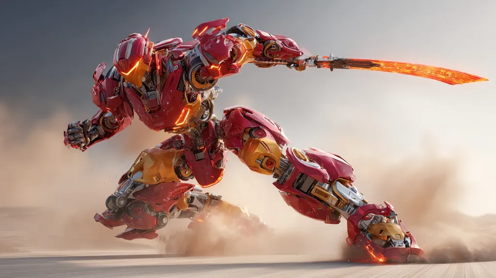 A powerful, red and gold mecha, resembling a futuristic samurai warrior, sprints across a sandy expanse.  Its intricate mechanical design is evident, with glowing energy accents highlighting its joints and a fiery, energy-imbued blade held aloft.  Dust billows around its legs, emphasizing its dynamic movement and speed.  The overall aesthetic blends powerful technology with a warrior's grace.
