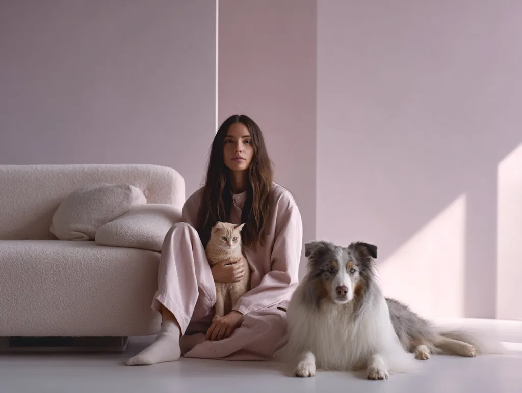 A young woman sits on a plush, light beige sofa, cradling a light brown cat in her lap.  A fluffy, blue merle Border Collie lies beside her.  The woman is wearing pale pink pajamas and her long brown hair is loose. The setting is a minimalist room with pale pink walls, bathed in soft sunlight. The overall mood is calm and serene.