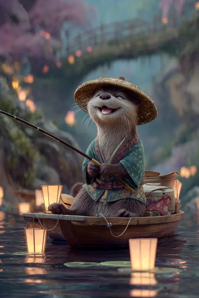 A cheerful otter, wearing a traditional Asian hat and kimono, sits in a small wooden boat on a serene waterway.  The otter holds a fishing rod, surrounded by floating lanterns casting a warm glow on the water.  The background features a blurred, dreamlike landscape with a bridge and blossoming trees. The scene evokes a sense of tranquility and peace.