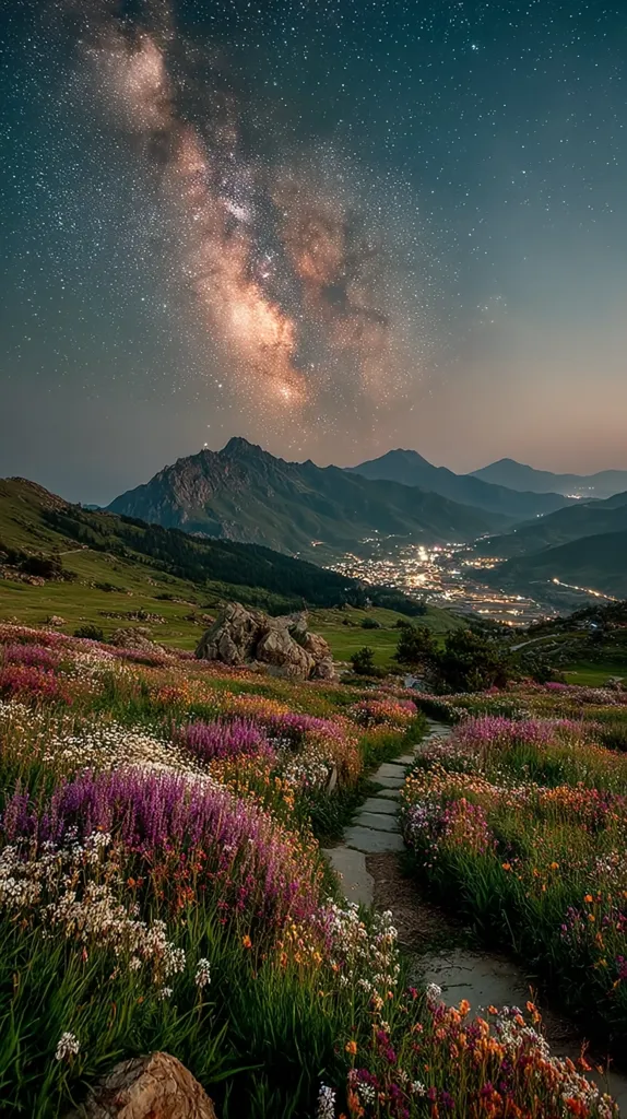 A stone path winds through a vibrant alpine meadow ablaze with wildflowers, under a breathtaking night sky. The Milky Way galaxy stretches across the dark expanse above, casting a celestial glow upon the landscape.  Distant mountains rise majestically in the background, with a small village nestled in the valley below, its lights twinkling like scattered stars. The scene is a serene and magical blend of nature's wonders.