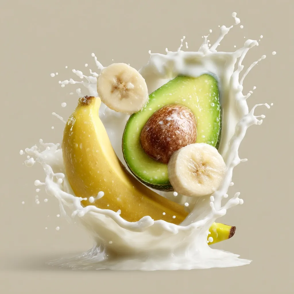 A vibrant image showcases a banana and avocado halves dramatically splashing into a pool of creamy milk.  Slices of banana are interspersed amongst the fruit, creating a dynamic and appetizing composition. The milk's texture is highlighted by its dynamic splash, emphasizing the freshness of the ingredients. The overall aesthetic is clean, bright, and evokes a healthy, refreshing smoothie or beverage.