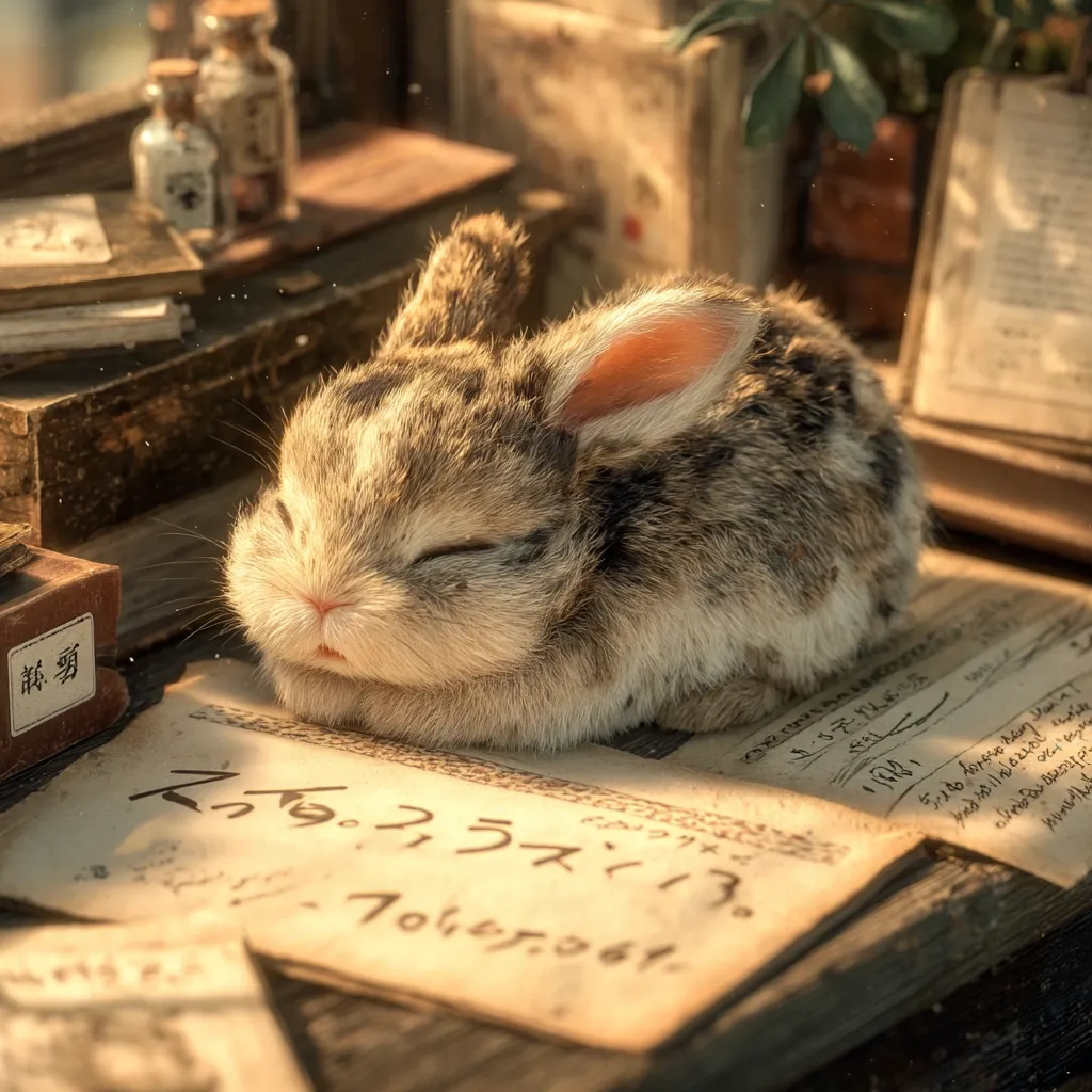 A fluffy gray bunny sleeps soundly on an antique book, nestled amongst aged tomes and small glass bottles.  The scene is bathed in warm, soft light, creating a whimsical, magical atmosphere.  The bunny's eyes are closed, and its fur appears soft and delicate.  The book beneath it is filled with handwritten text and numbers, adding to the storybook charm.