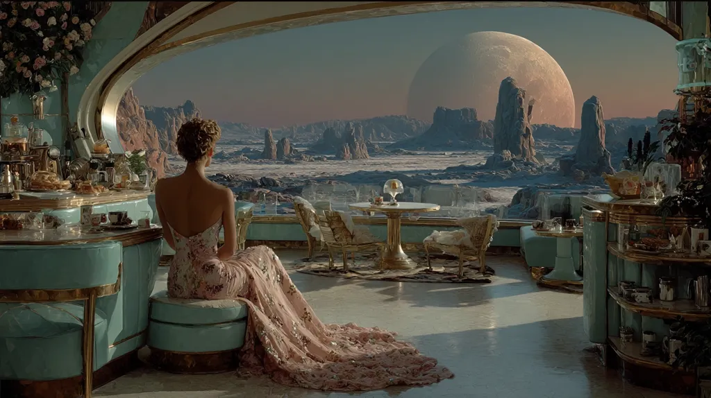A woman in a flowing gown sits in a luxurious, art deco-style room overlooking an alien landscape.  A large moon hangs in the sky above a desolate, rocky terrain viewed through a panoramic window.  The room is opulent, with teal furnishings and gold accents, and features a bar stocked with glassware and a small dining area. The overall atmosphere is serene and otherworldly.
