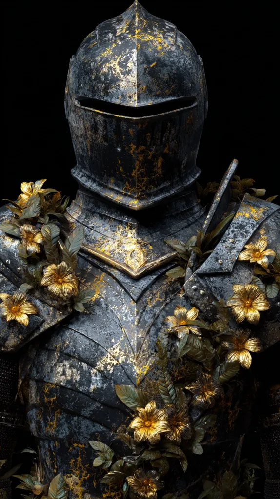 A dark, aged suit of armor, seemingly made of metal, is adorned with gilded flowers and foliage. The armor shows signs of wear and tear, with a distressed finish featuring dark grey and gold accents.  The helmet is closed, adding to the mysterious and slightly ominous nature of the image.  The contrast between the hard metal and delicate flowers creates a striking visual effect.