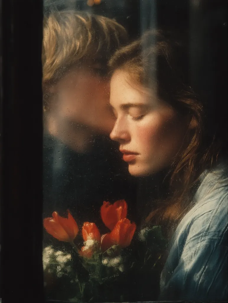 A young couple embraces, their faces pressed together, seen through a rain-streaked window. The woman's eyes are closed, her expression serene.  The man's blond hair is visible.  A bouquet of vibrant red tulips rests between them, adding a touch of warmth and color to the intimate scene. The overall mood is romantic and melancholic.