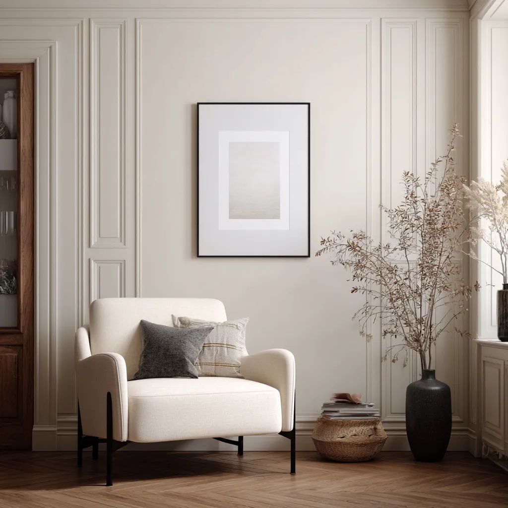 A minimalist living room features a cream armchair with dark gray and beige pillows, positioned against a wall with wainscoting.  A framed artwork hangs above the chair, and a tall vase with dried branches stands beside a woven basket holding books. The hardwood floor adds warmth to the neutral color palette. The overall style is calm and sophisticated.