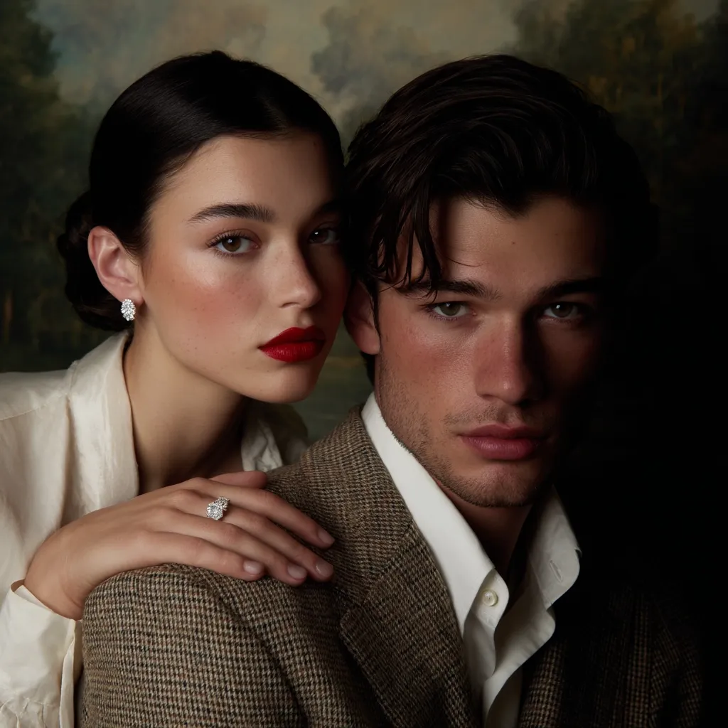 A young woman with dark hair, wearing diamond earrings and a ring, rests her arm on the shoulder of a young man.  She has red lipstick and a serious expression. He is handsome with dark hair and wears a tweed jacket and crisp white shirt. The background is a blurred oil painting, creating a classic and elegant mood.  The image conveys intimacy and sophistication.