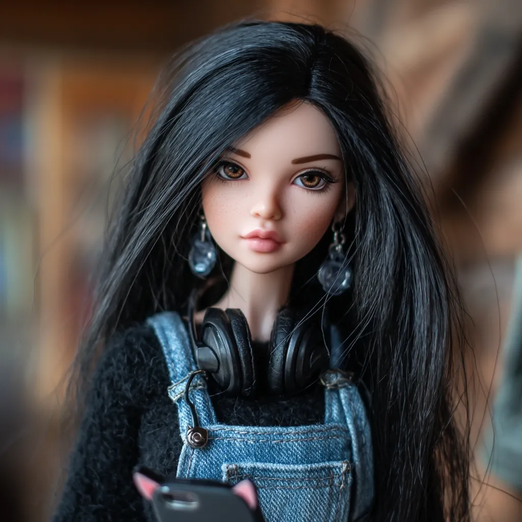 A meticulously crafted porcelain doll, with long, flowing black hair, is captured in a close-up shot.  She's dressed in a denim overall and black sweater, and black headphones rest on her shoulders.  The doll holds a smartphone, and delicate earrings adorn her ears.  Her expression is serene and her features are exquisitely detailed. The background is blurred, drawing focus to the doll's captivating gaze.