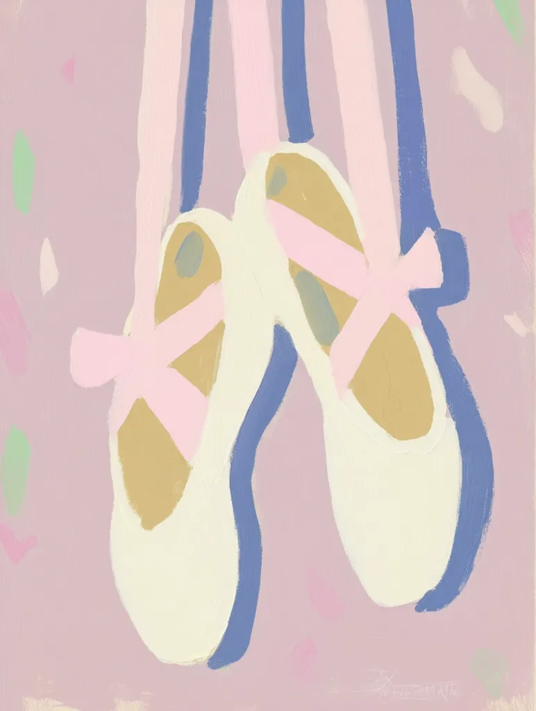 A stylized painting depicts a pair of ballet slippers hanging against a pale purple background.  The slippers are rendered in soft, pastel colors of cream, pale gold, and pink, with hints of blue accents.  Pink ribbons are tied across the toes. The style is loose and abstract, emphasizing shapes and colors rather than precise detail.  Confetti-like shapes are scattered on the background.
