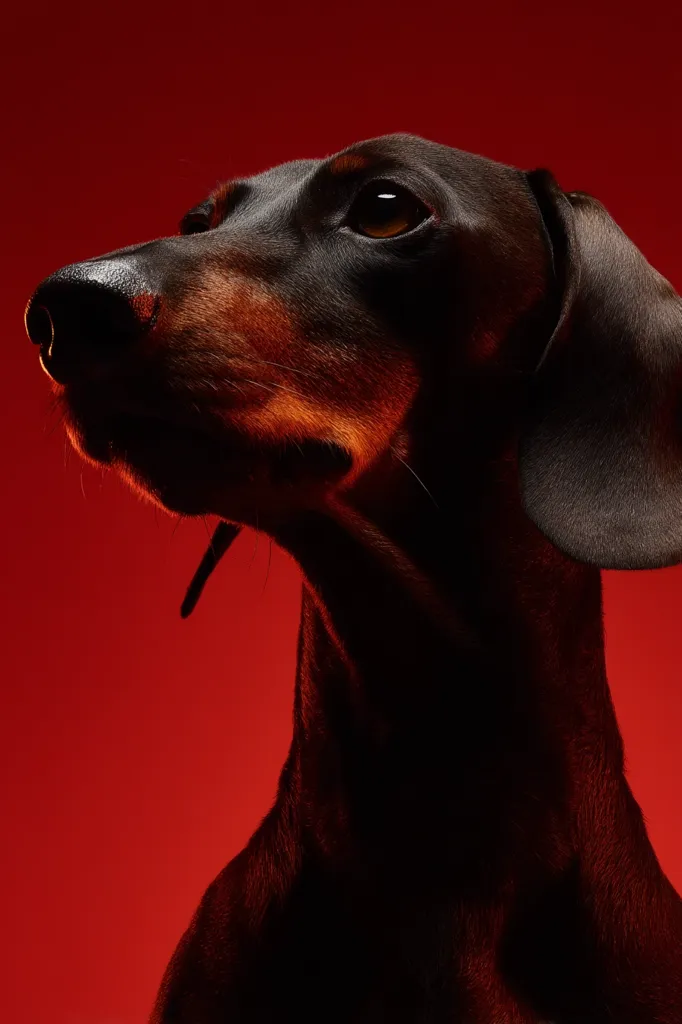 A black and tan dachshund is captured in profile against a vibrant red background. The dog's gaze is directed upward, its expression alert and engaging. The lighting emphasizes the rich texture of its fur, creating a dramatic silhouette against the bold backdrop. The image evokes a sense of elegance and intensity.